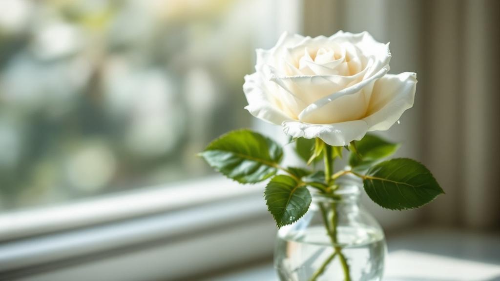 Weiße Rose in Glasvase am Fenster mit Wassertropfen auf den Blütenblättern – frisch und gepflegt