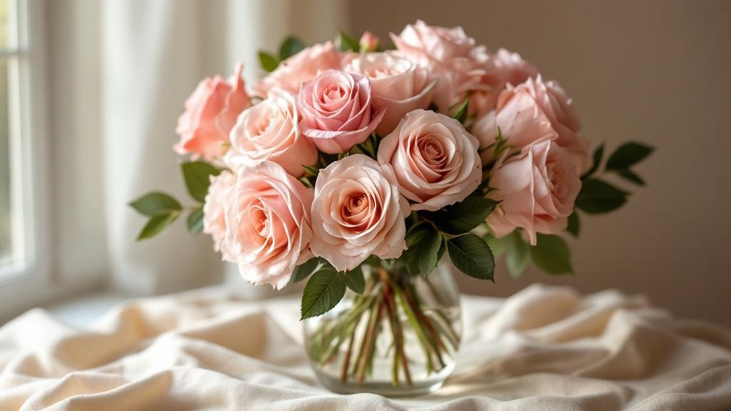 Rosa Rosen in voller Blüte in einer Glasvase – Bedeutung von rosa Rosen: zarte Zuneigung und Wertschätzung