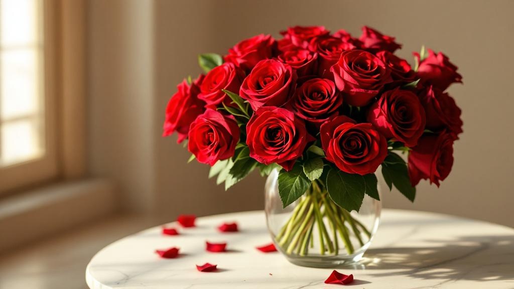 Üppiger Strauß roter Rosen in Glasvase auf Marmor – perfekte Qualität beim rote Rosen bestellen