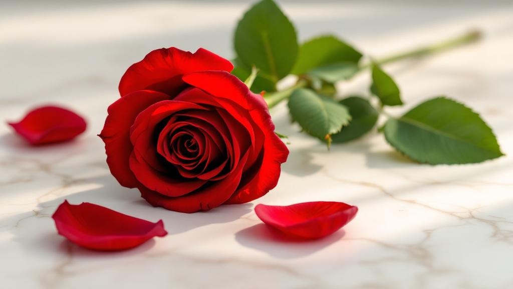 Rote Rose mit samtigen Blütenblättern auf hellem Marmorgrund – Tipps zum rote Rosen pflegen für längere Haltbarkeit