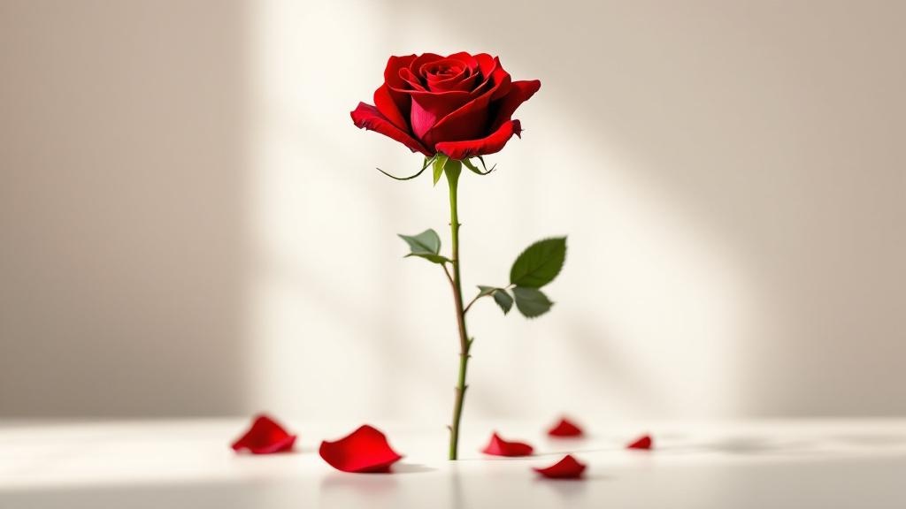 Einzelne rote Rose in voller Blüte vor cremefarbenem Hintergrund – Symbol für Liebe und Leidenschaft