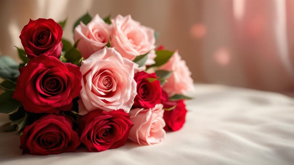 Frischer Rosenstrauß mit roten und rosafarbenen Rosen auf cremefarbenem Leinenstoff – Tipps zum Rosen online bestellen