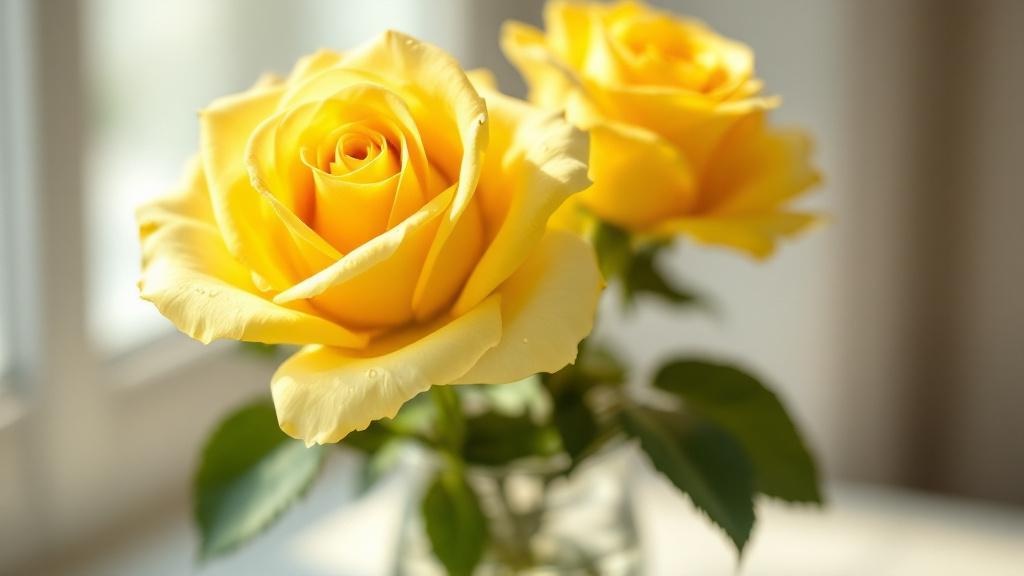 Gelbe Rosen in Glasvase mit Wassertropfen auf den Blütenblättern — Tipps zum gelbe Rosen pflegen