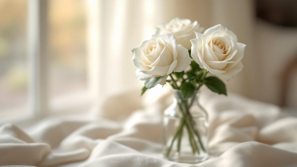 Drei weiße Rosen in voller Blüte in einer Glasvase – Symbol für Reinheit und ewige Treue