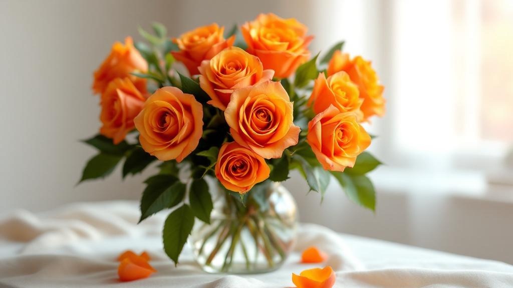 Leuchtend orange Rosen in voller Blüte in einer Glasvase auf cremefarbenem Untergrund — Symbolik und Bedeutung