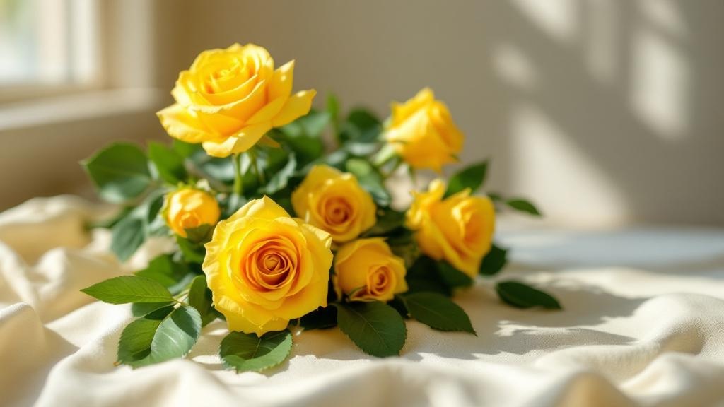 Gelbe Rosen in voller Blüte als üppiger Strauß auf cremefarbenem Leinenstoff – frisch und lebendig