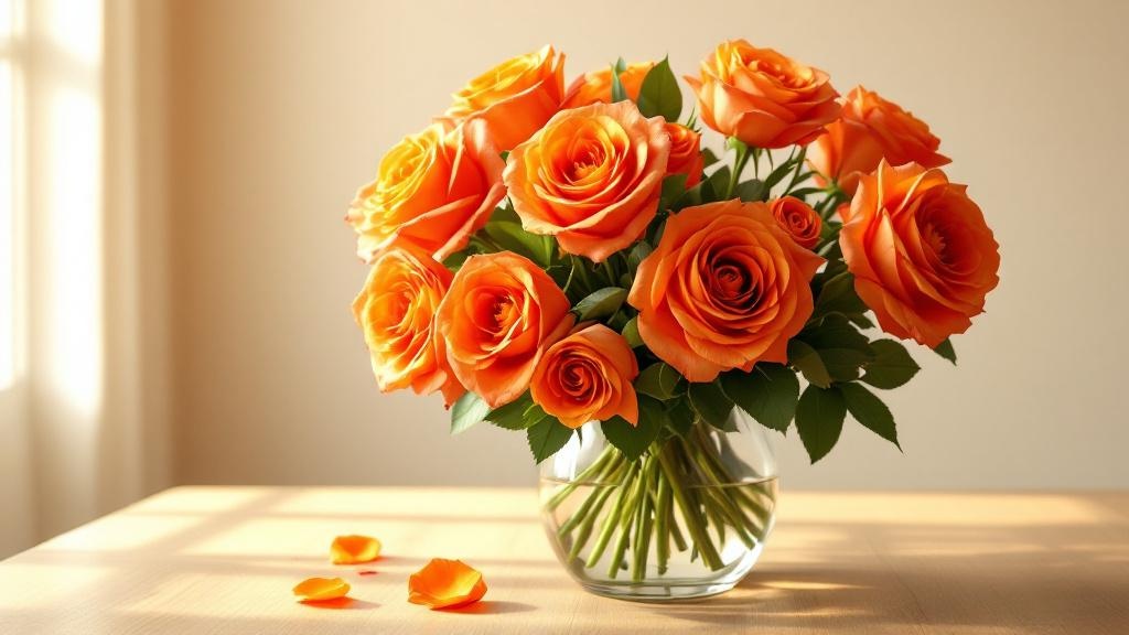 Strahlende orange Rosen in einer Glasvase auf hellem Holztisch – orange Rosen bestellen Tipps für frische Lieferung