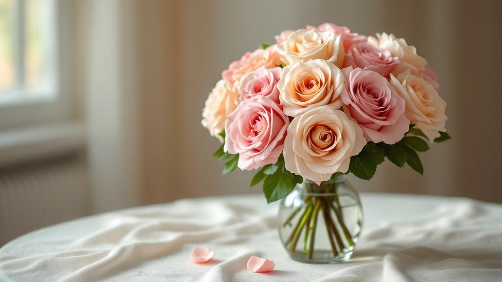 Bunter Rosen-Geburtstagsstrauß in Rosa, Koralle und Creme in Glasvase auf hellem Leinentuch