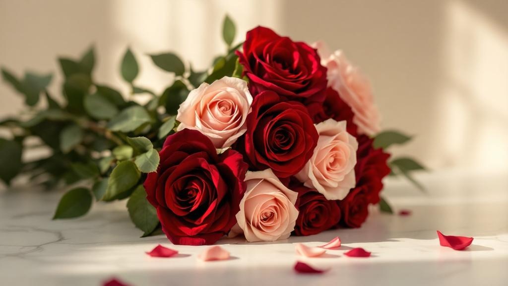 Roter und zartrosa Rosen-Strauß zum Valentinstag auf cremefarbenem Marmorhintergrund mit einzelnen Rosenblättern