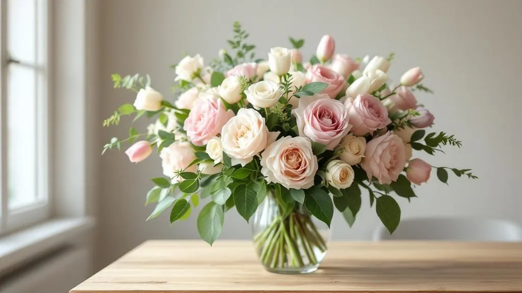 Frischer Blumenstrauß mit Rosen, Tulpen und Pfingstrosen in einer Glasvase – Blumen bestellen und verschicken