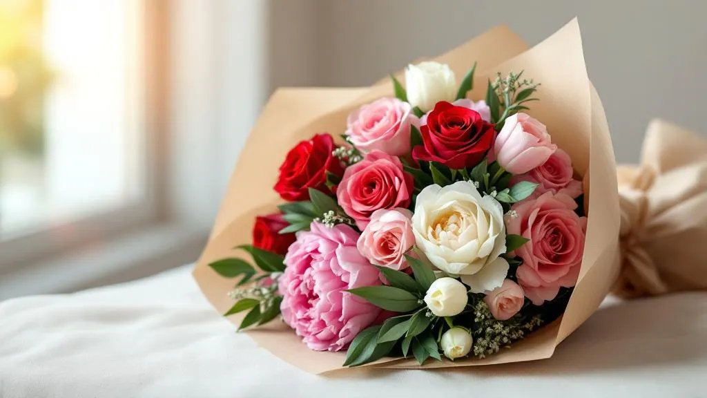 Frischer Blumenstrauß mit roten Rosen, rosa Pfingstrosen und weißen Tulpen in Kraftpapier – Blumen bestellen leicht gemacht