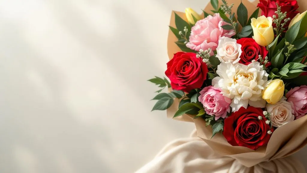 Frischer Blumenstrauß mit roten Rosen, weißen Pfingstrosen und gelben Tulpen – Blumen bestellen leicht gemacht
