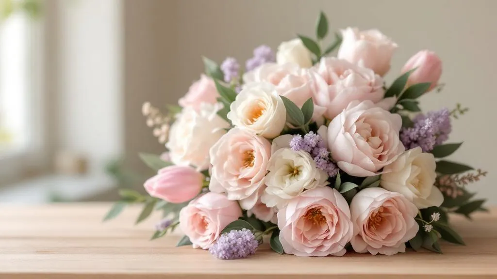 Frischer Blumenstrauß mit Rosen, Tulpen und Pfingstrosen in Rosa und Creme auf hellem Holztisch – Blumen bestellen leicht gemacht