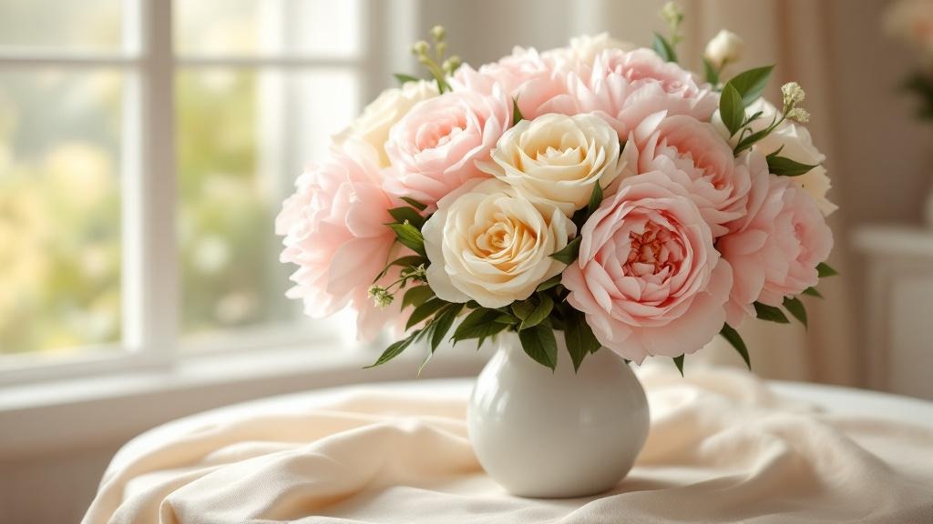 Üppiger Muttertagsstrauß mit rosa Pfingstrosen und weißen Rosen in heller Keramikvase am Fenster