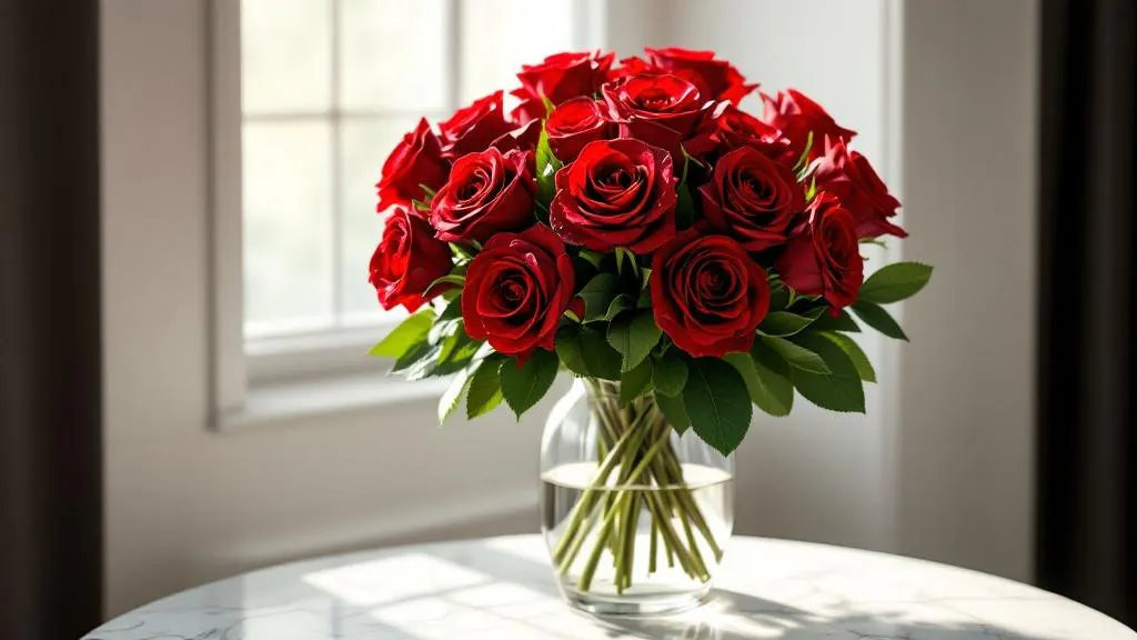 Frischer Strauß roter Rosen in Glasvase auf Marmor – rote Rosen bestellen und liefern lassen