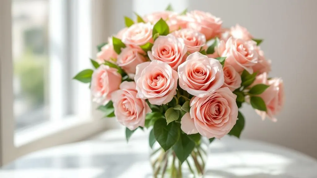 Üppiger Strauß rosa Rosen in Glasvase auf Marmor – frische rosa Rosen bestellen und verschicken lassen