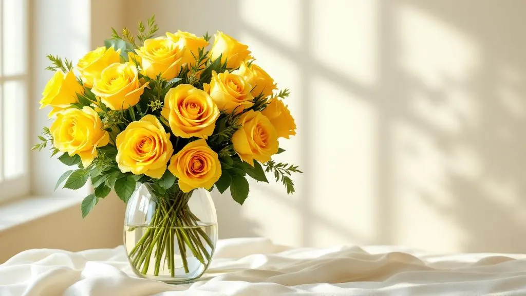 Gelbe Rosen in voller Blüte im Glasvase auf cremefarbenem Untergrund – frischer Strauß zum Bestellen und Verschicken