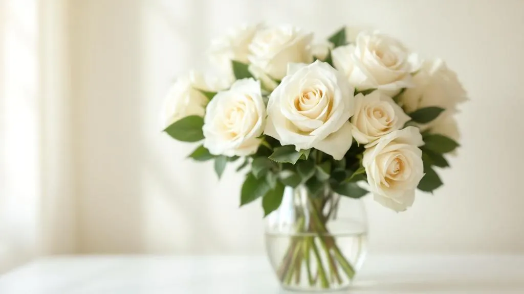 Frischer Strauß weißer Rosen in Glasvase bei natürlichem Licht – weiße Rosen bestellen und verschicken