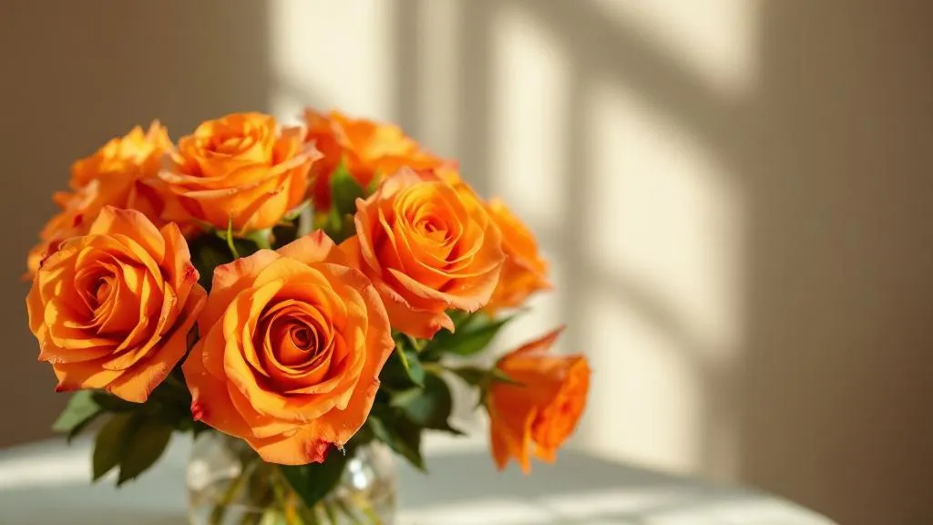 Frischer Strauß orangefarbener Rosen in Glasvase – Orange Rosen bestellen und nach Hause liefern lassen