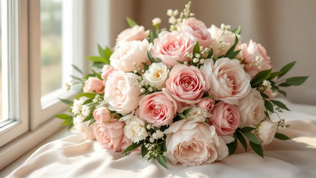 Üppiger Muttertagsstrauß mit rosa Pfingstrosen, Rosen und weißen Ranunkeln auf cremefarbenem Leinenstoff im Sonnenlicht