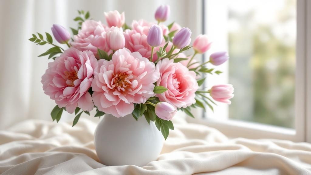 Muttertag Blumen: üppiger Strauß mit rosa Pfingstrosen, Rosen und Tulpen in weißer Vase am Fenster