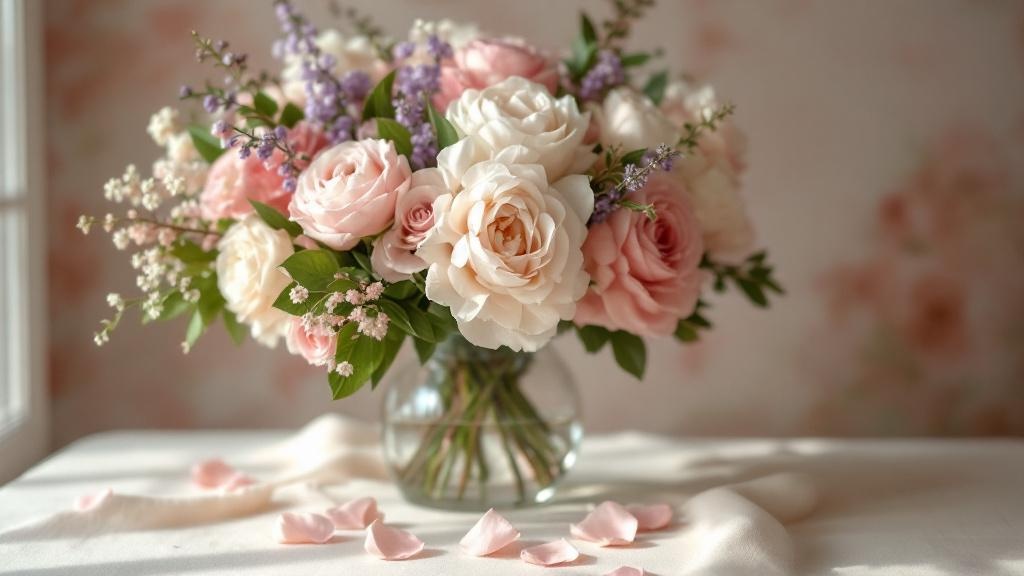 Üppiger Geburtstagsstrauß mit rosa Rosen, Pfingstrosen und Wicken in Glasvase auf cremefarbenem Leinentuch