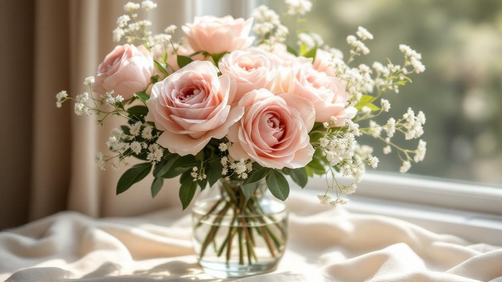 Rosa Blumenstrauß mit Gartenrosen und Pfingstrosen in Glasvase – rosa Blumenstrauß Bedeutung: Romantik und Zärtlichkeit