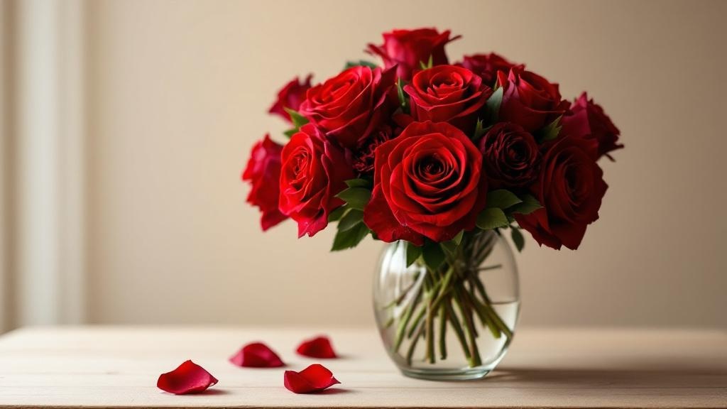 Roter Blumenstrauss aus roten Rosen und Ranunkeln in Glasvase – Symbolik und Bedeutung