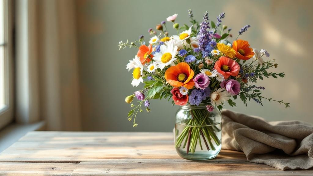 Wildblumenstrauß mit Kornblumen, Margeriten und Mohn in Glasvase auf Holztisch – Wildblumenstrauß pflegen leicht gemacht