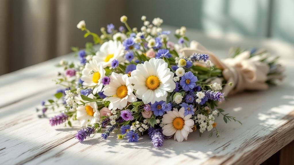 Wildblumenstrauss mit Kornblumen, Margeriten und Mohn locker auf hellem Holztisch – Wildblumenstrauss bestellen Tipps