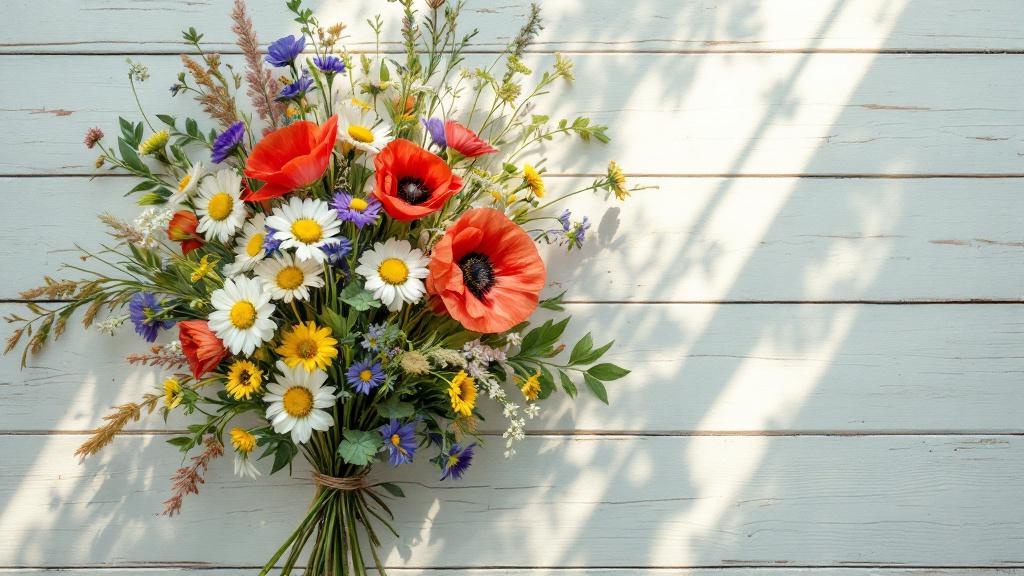 Wildblumenstrauss mit Kornblumen, Mohnblumen und Margeriten auf hellem Holz – Bedeutung und Symbolik bunter Wiesenblumen