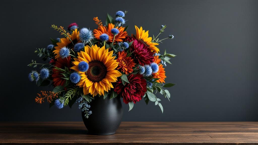 Modernes Geburtstagsstrauß für Männer mit Sonnenblumen, Disteln und Gerbera in kräftigen Farben auf Holztisch