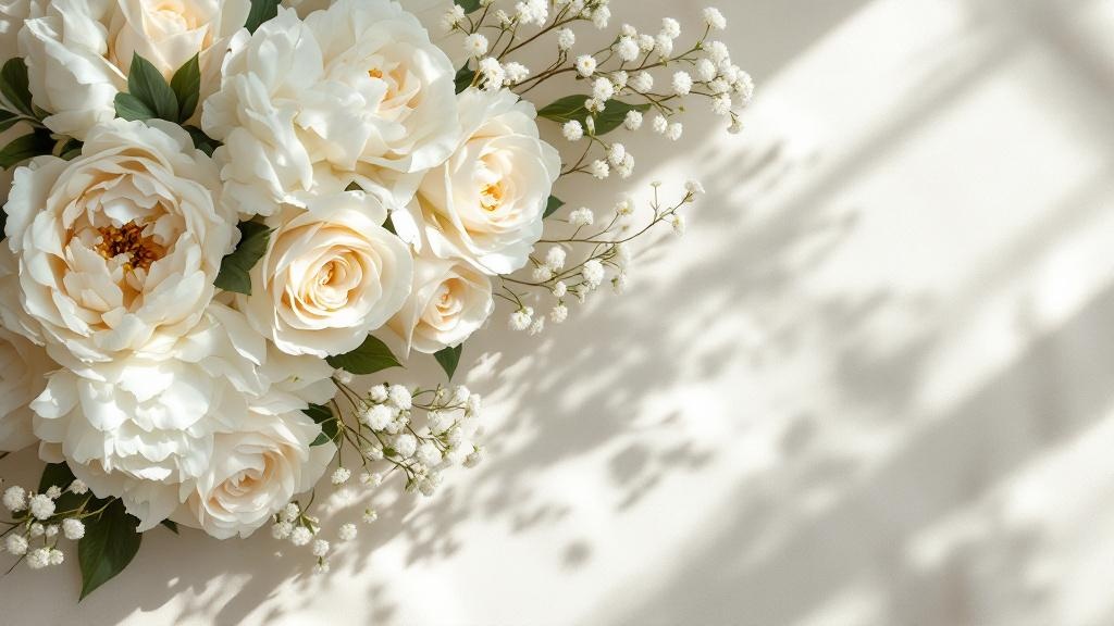 Weißer Blumenstrauß mit Rosen, Pfingstrosen und Ranunkeln als elegantes Flat-lay auf cremefarbenem Leinenstoff