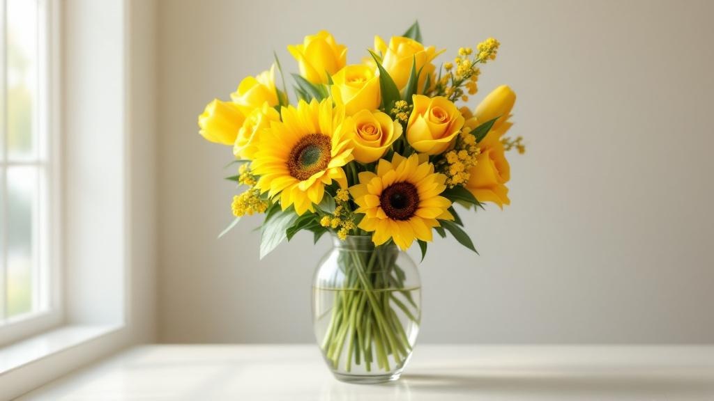 Gelber Blumenstrauß mit Sonnenblumen, gelben Rosen und Tulpen in Glasvase – Symbolik und Bedeutung