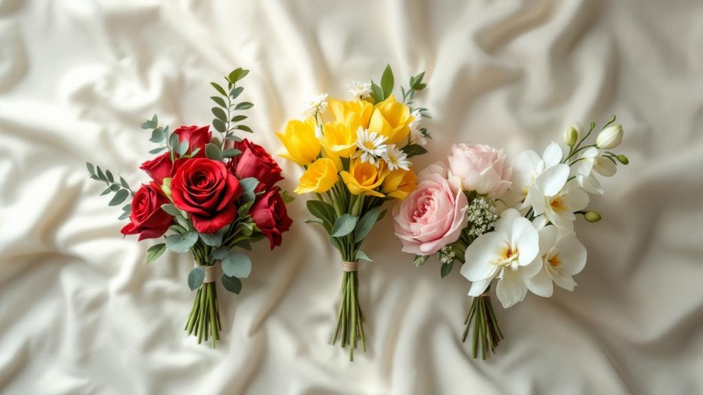 Vier verschiedene Blumensträuße für jeden Anlass: rote Rosen, gelbe Tulpen, rosa Pfingstrosen und weiße Orchideen im Flat-lay