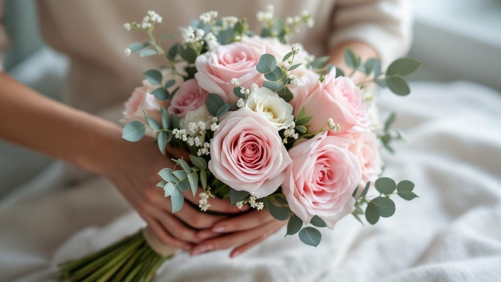 Hände binden einen Blumenstrauß aus Rosen, Ranunkeln und Eukalyptus mit Naturschnur – Blumenstrauß binden Tipps