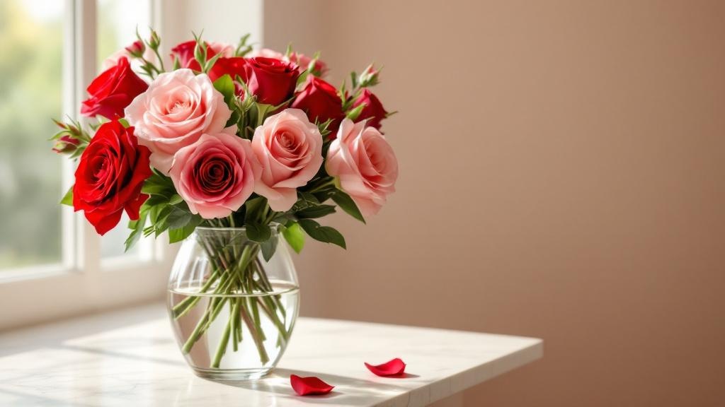 Rote und rosafarbene Rosen in einer Glasvase auf hellem Marmor – Rosen in der Vase richtig pflegen