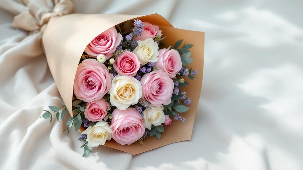 Eingewickelter Blumenstrauß mit rosa Rosen, weißen Ranunkeln und Freesien auf cremefarbenem Leinenstoff – Blumen verschicken Anleitung