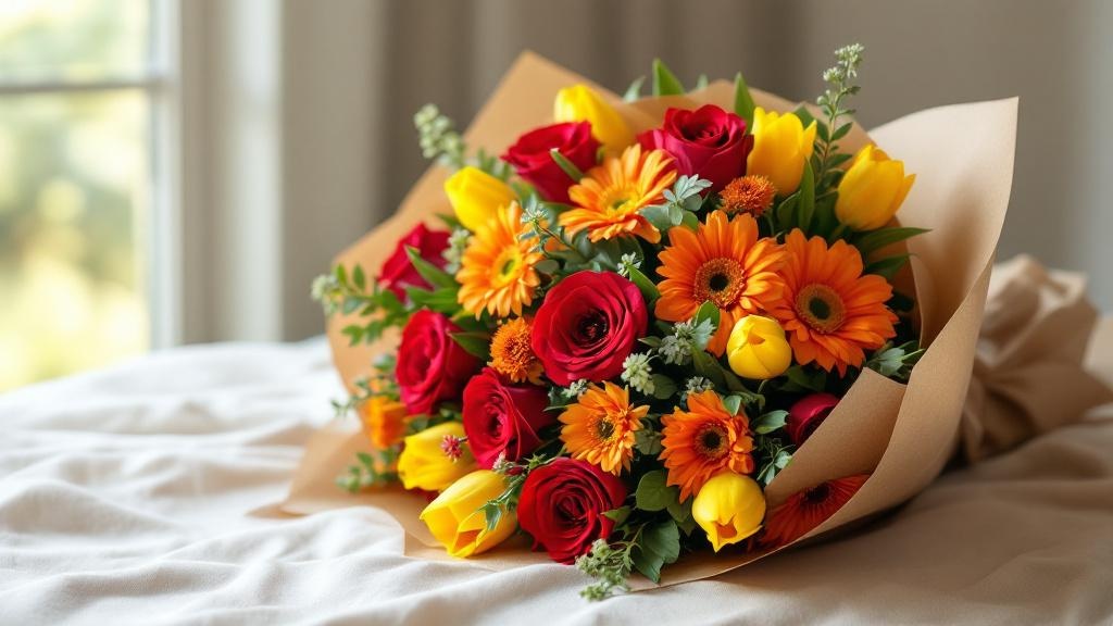Bunter Blumenstrauß mit roten Rosen, Gerberas und Tulpen in Kraftpapier – Blumen last minute verschicken leicht gemacht