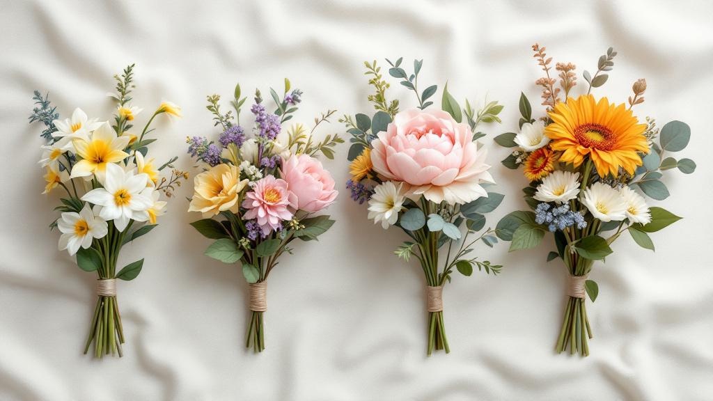 Vier saisonale Blumensträuße im Flat-lay: Schneeglöckchen, Pfingstrosen, Dahlien und Helleborus für jede Jahreszeit