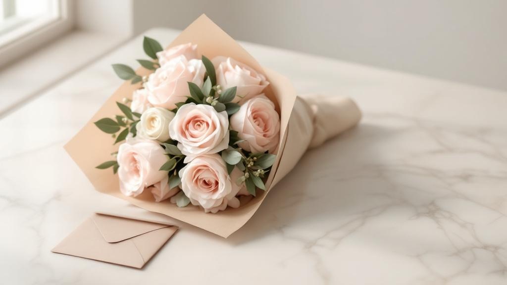 Anonym verschickter Blumenstrauß aus rosafarbenen Rosen und weißen Ranunkeln mit versiegeltem Umschlag auf Marmor