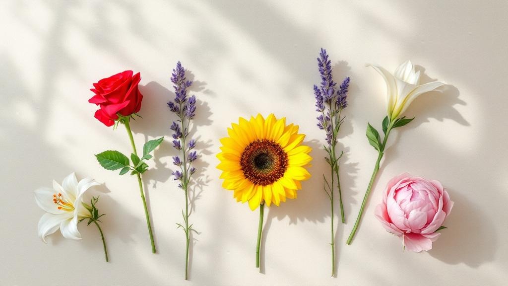 Rote Rose, weiße Lilie, gelbe Sonnenblume und rosa Pfingstrose als Flat-lay – Blumensprache Bedeutung auf einen Blick