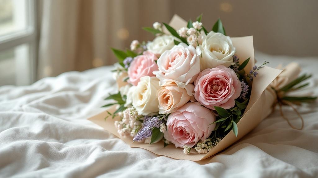 Blumenstrauß als Geschenk mit rosa Pfingstrosen, weißen Rosen und Freesien auf cremefarbenem Leinenstoff