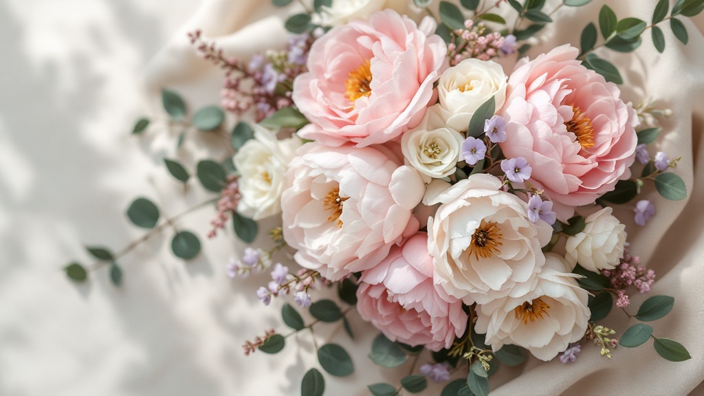 Saisonaler Blumenstrauss mit rosa Pfingstrosen, weißem Ranunkel und Eukalyptus auf cremefarbenem Leinenstoff