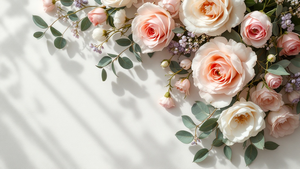Saisonaler Blumenstrauß mit Rosen, Ranunkeln und Eukalyptus als Flat-lay auf cremefarbenem Leinenstoff