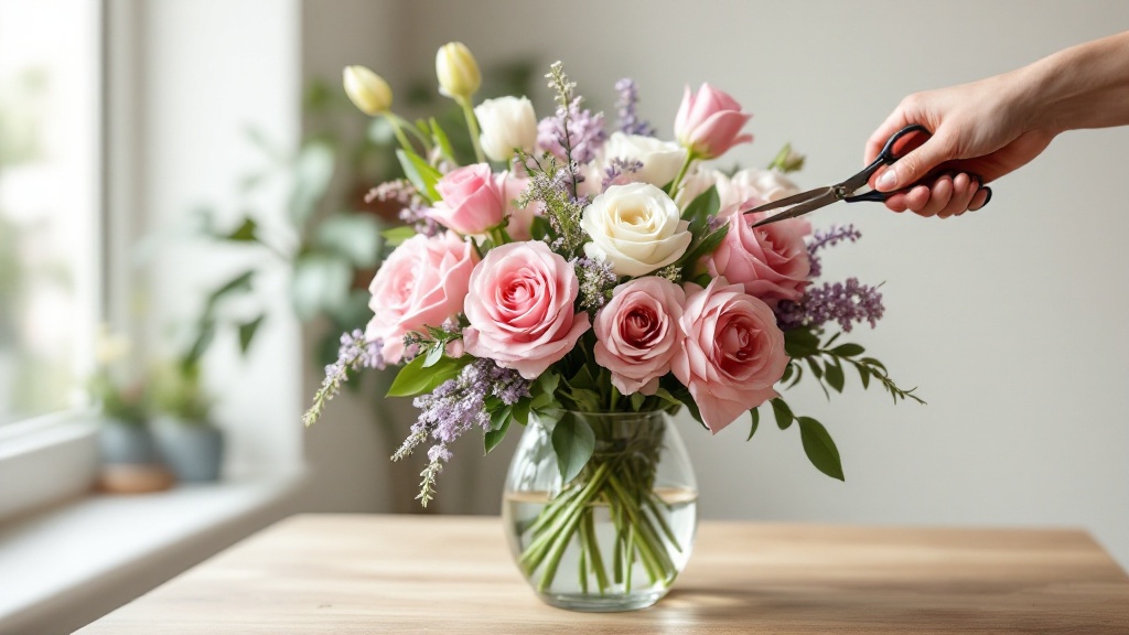 Saisonaler Blumenstrauss mit Rosen, Tulpen und Freesien in Glasvase – richtig pflegen für längere Haltbarkeit