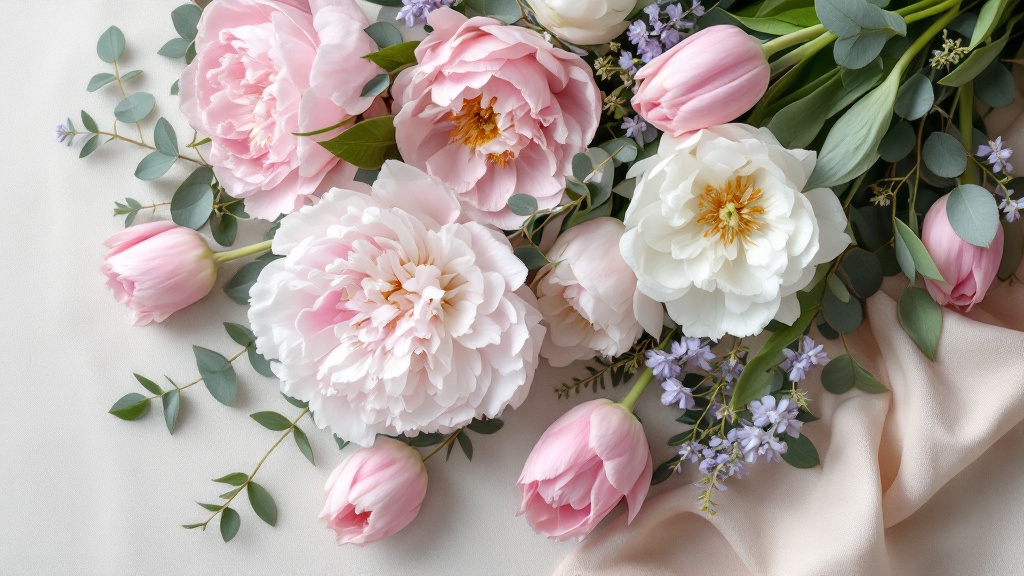 Saisonaler Blumenstrauß mit rosa Pfingstrosen, weißen Ranunkeln und Tulpen als Flat-lay auf cremefarbenem Leinenstoff