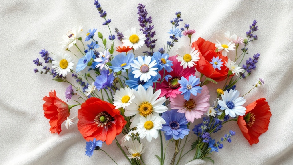 Lockerer Wiesenblumen-Strauß mit Kornblumen, Margeriten und Mohnblumen auf cremefarbenem Leinenstoff – natürlicher Wiesenblumen-Anlass