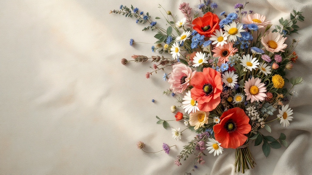 Wiesenblumenstrauß mit Kornblumen, Margeriten und Mohnblumen auf hellem Leinenstoff – Wiesenblumen Bedeutung und Symbolik