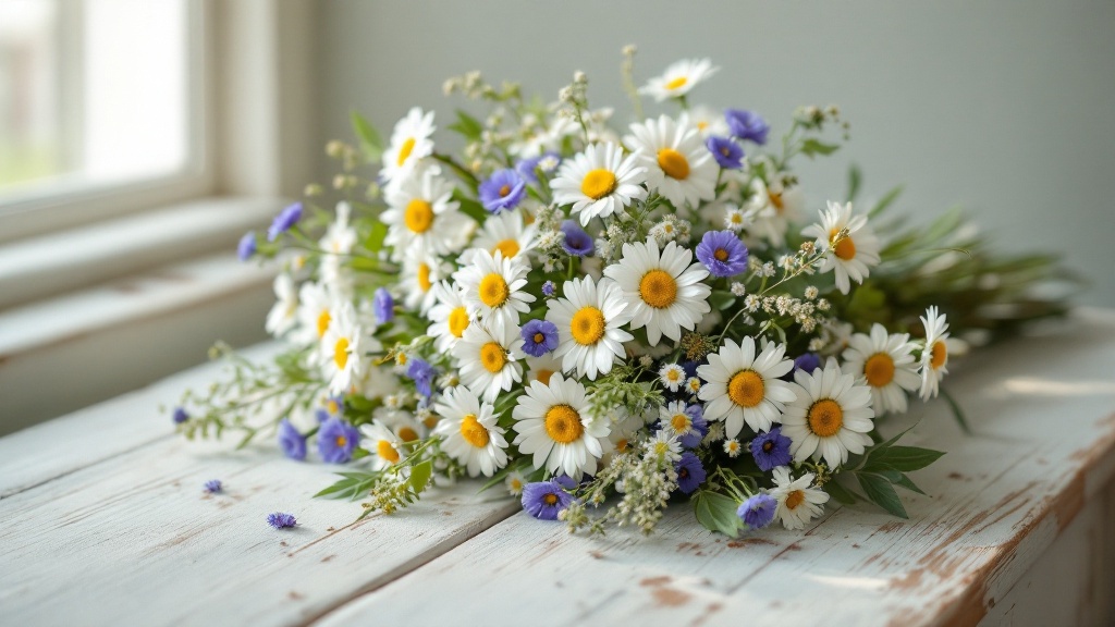 Wiesenblumen pflegen: locker gebundener Strauß mit Kornblumen, Margeriten und Schafgarbe auf weißem Holztisch im Tageslicht